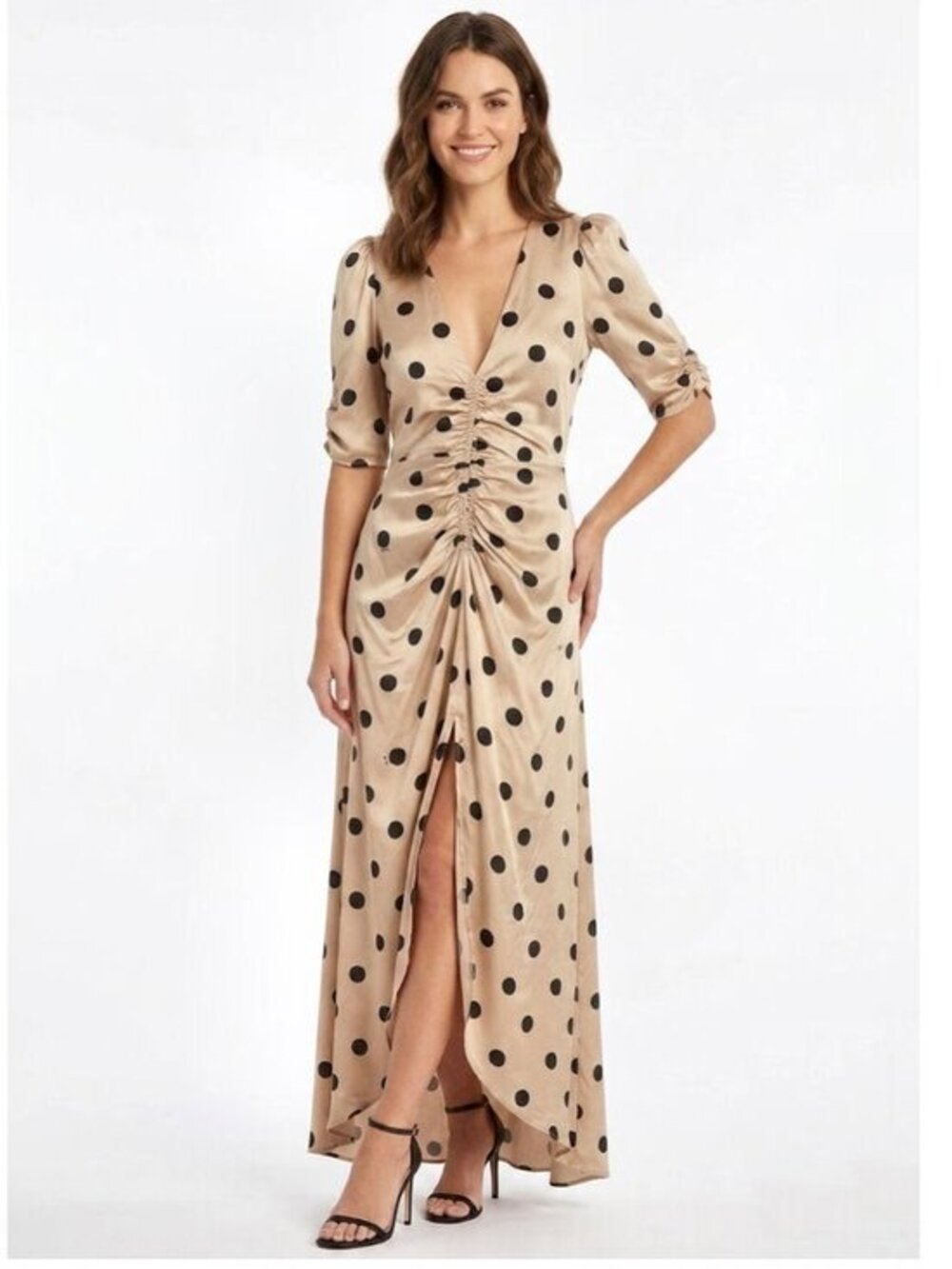 AFRM Polka Dot Ruched Maxi Dress V-Neck Puff Sleeve, Beige & Black Womens Size S